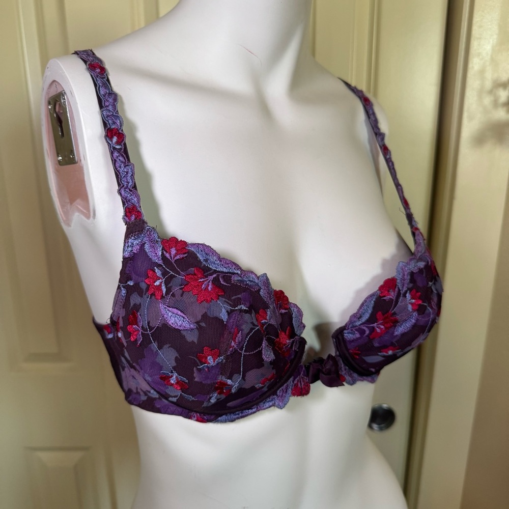 Triumph Purple Lace Underwire Bra with Red Floral Embroidery